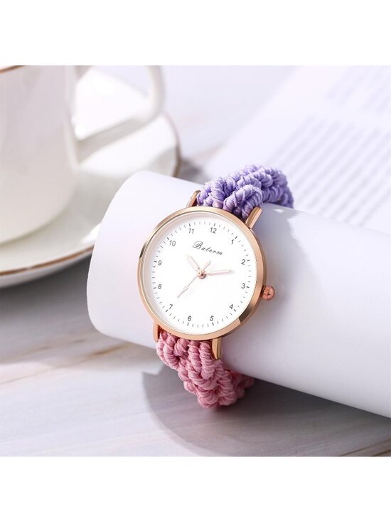 Women\'s Purple Pink Analog Stretch Band Elastic Colorful Weave Rope Wrist Watch main image 6